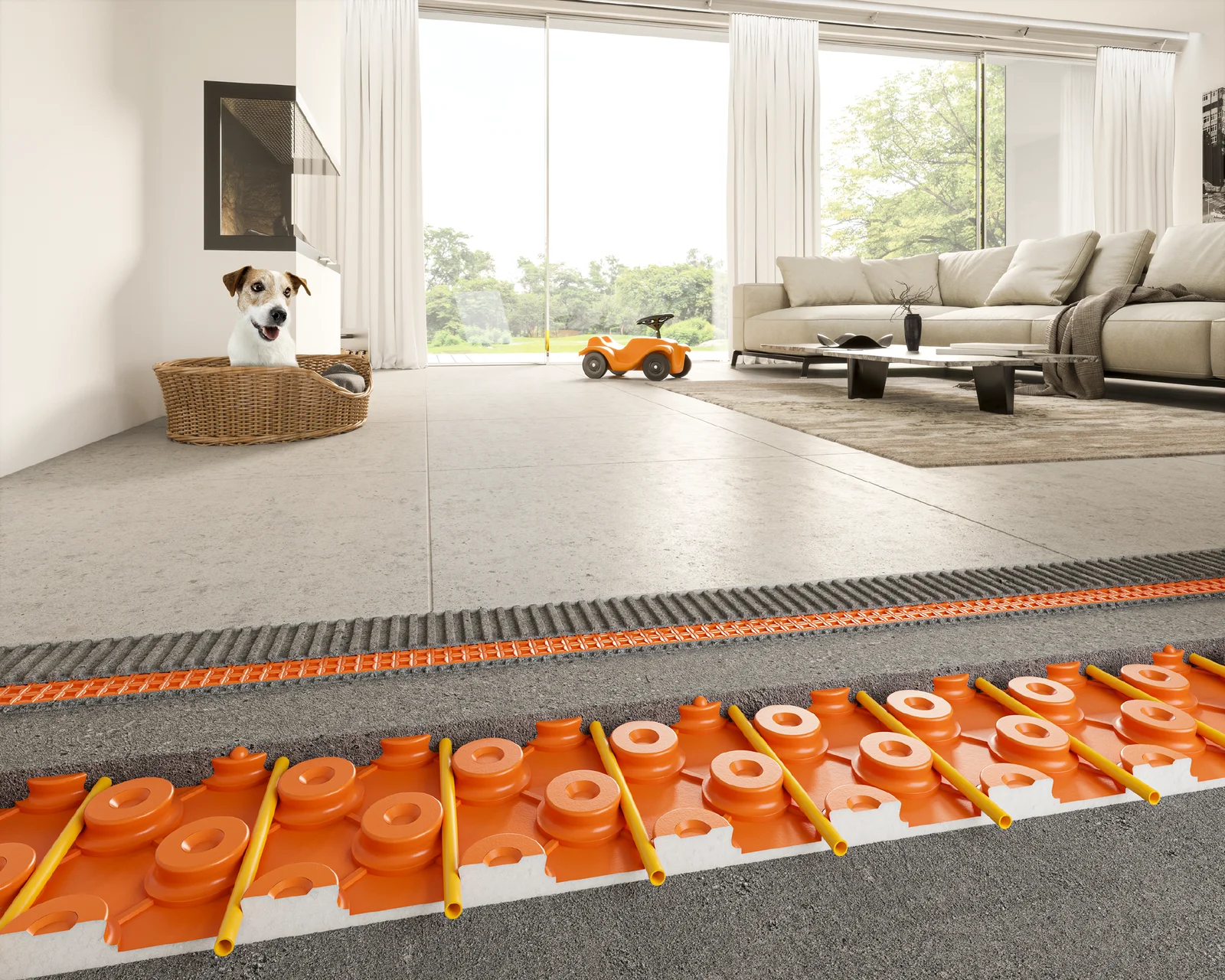 Querschnitt einer Fußbodenheizung in einem Wohnzimmer