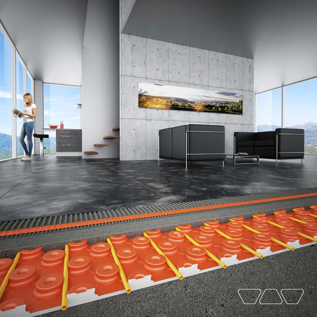 Querschnitt einer Fußbodenheizung mit Niedertemperatursystem